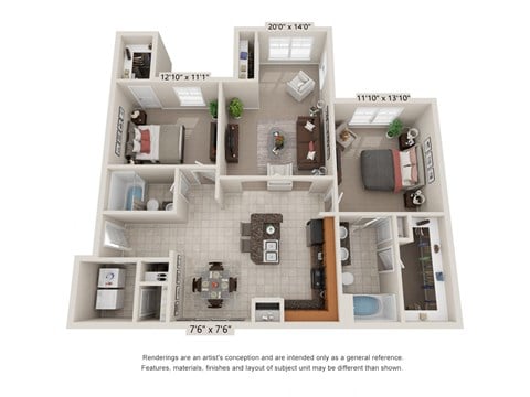 Floor plan for 2 beds, 2 baths, 1275 sqft